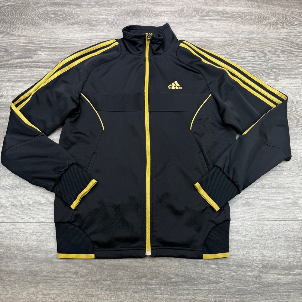Adidas Track Jacket Mens Small Black Gold 3 Stripe Climalite Full Zip Y2K Retro